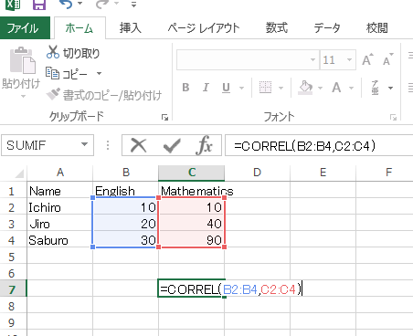 CORREL関数を使う