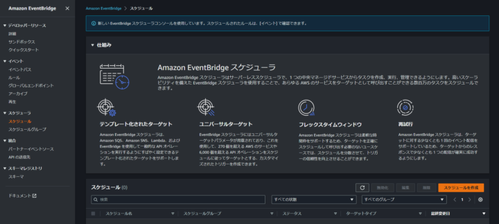 EventBridge Schedulerコンソール画面